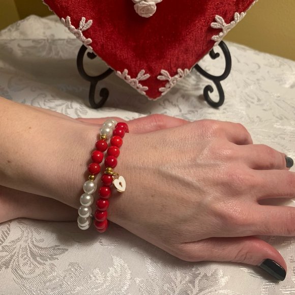 Black Cat Jewels Jewelry - Red Coral & Pearl Bracelets & Red Velvet Heart Container